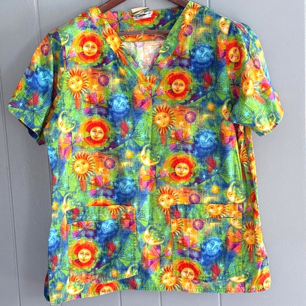 Cottonality Vtg 90s Celestial Sun Moon Star Scrub Top Colorful Cotton Whimsigoth